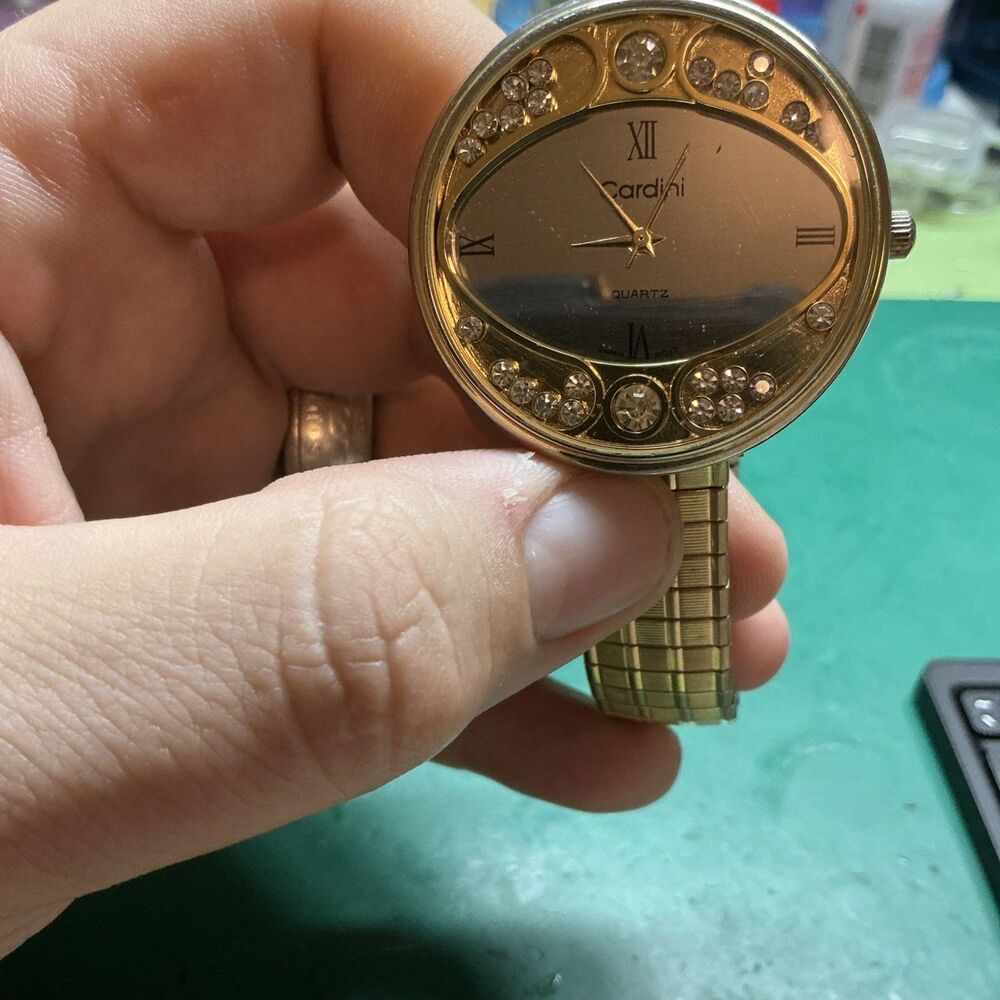 VTG Cardini Japan Quartz Watch Unisex Gold Tone Rhinestone Leather New Battery